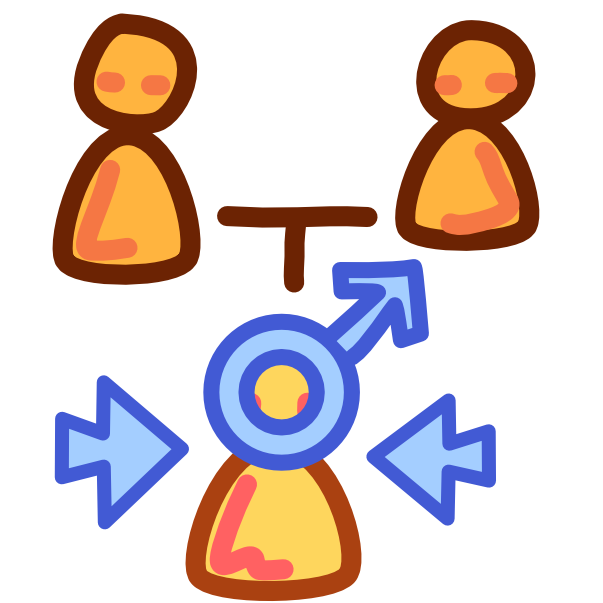 Two yellow figures sit next to each other with a Capital T shape connecting them and pointing down at a third yellow  figure. This third figure has blue arrows pointing at it from either side and its head is the mars symbol. 